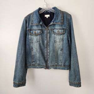 Jean Jacket Women's M Blue Denim Studded Full Zipped Edgy Retro Boho Chic Giacca